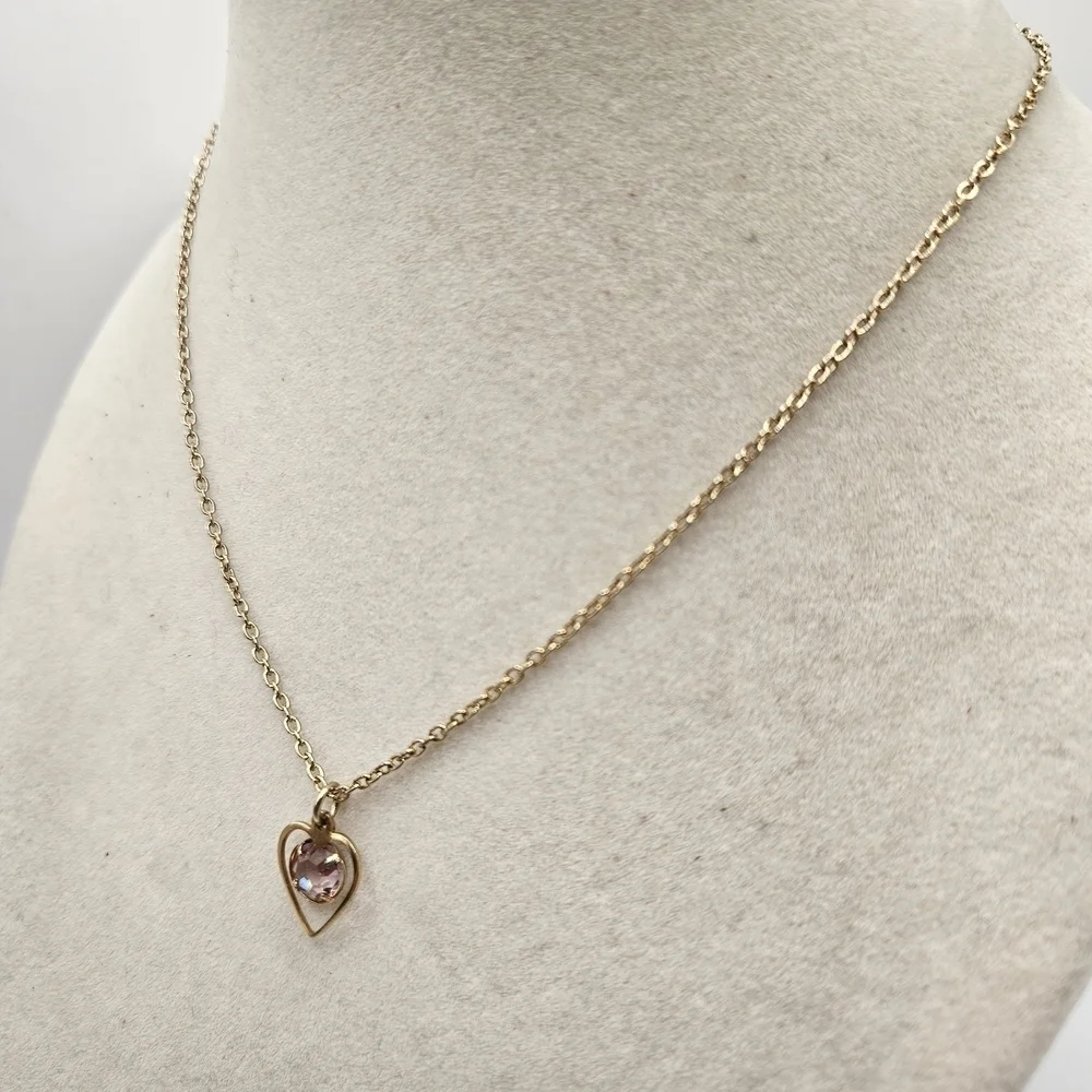 VINTAGE Child's Gold Tone Pink Rhinestone Heart Pendant Dainty Necklace